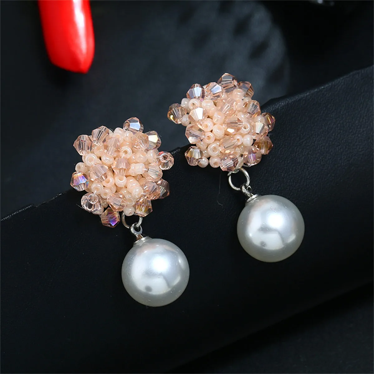Pink Acrylic & Pearl Silver-Plated Bead Cluster Drop Earrings