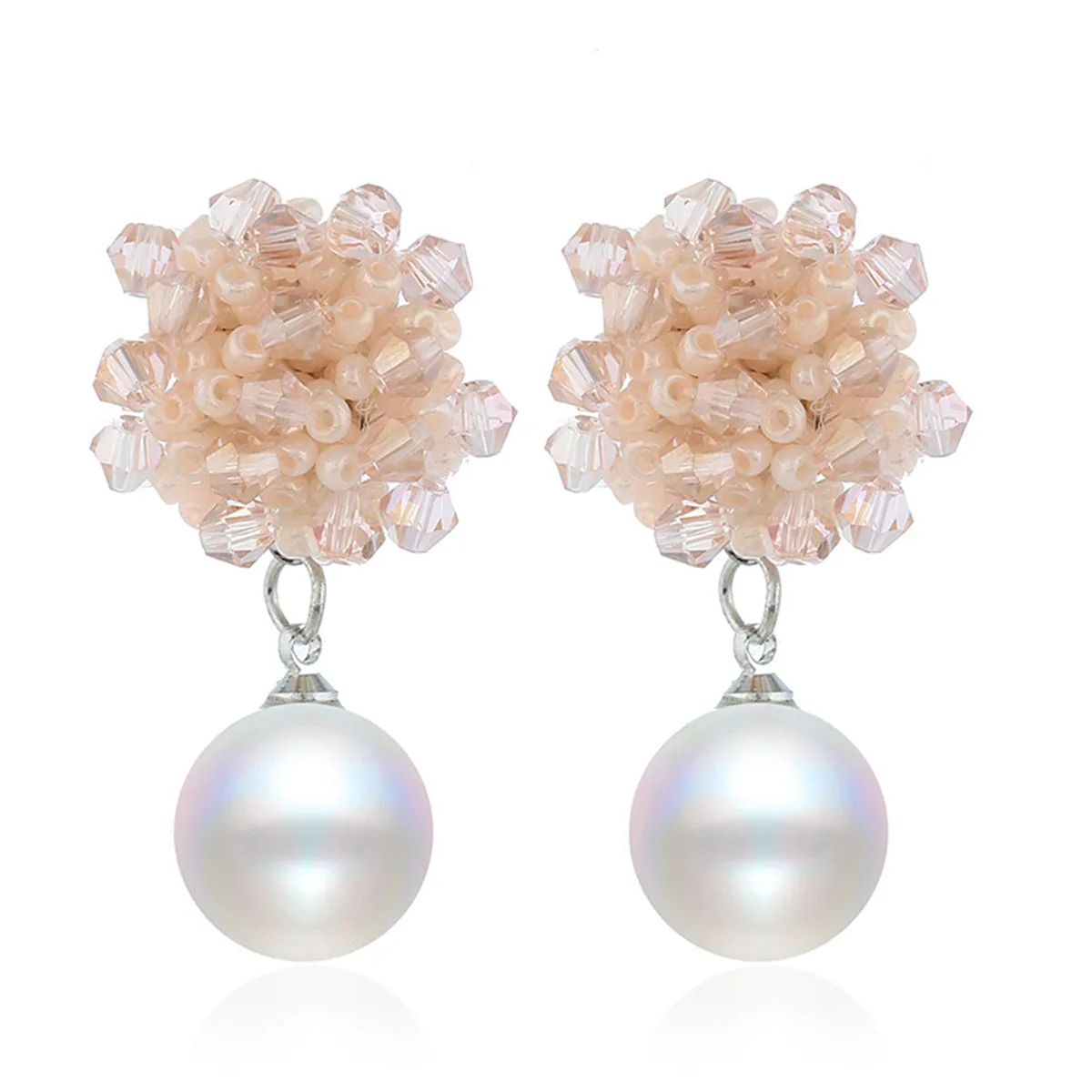Pink Acrylic & Pearl Silver-Plated Bead Cluster Drop Earrings