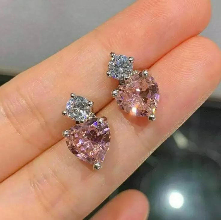 Pink Diamond Earrings | Heart Earrings | Womens Earrings | Heart Earrings with Diamonds | Dangle Earrings | Diamond Heart Shape Earrings
