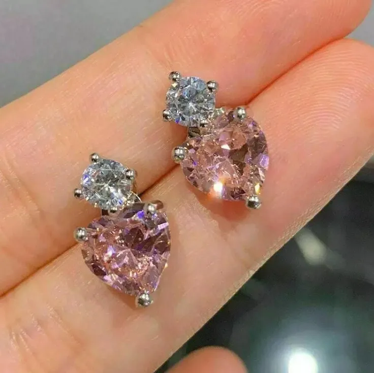 Pink Diamond Earrings | Heart Earrings | Womens Earrings | Heart Earrings with Diamonds | Dangle Earrings | Diamond Heart Shape Earrings
