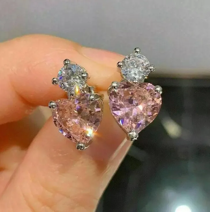 Pink Diamond Earrings | Heart Earrings | Womens Earrings | Heart Earrings with Diamonds | Dangle Earrings | Diamond Heart Shape Earrings