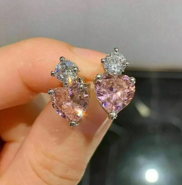 Pink Diamond Earrings | Heart Earrings | Womens Earrings | Heart Earrings with Diamonds | Dangle Earrings | Diamond Heart Shape Earrings