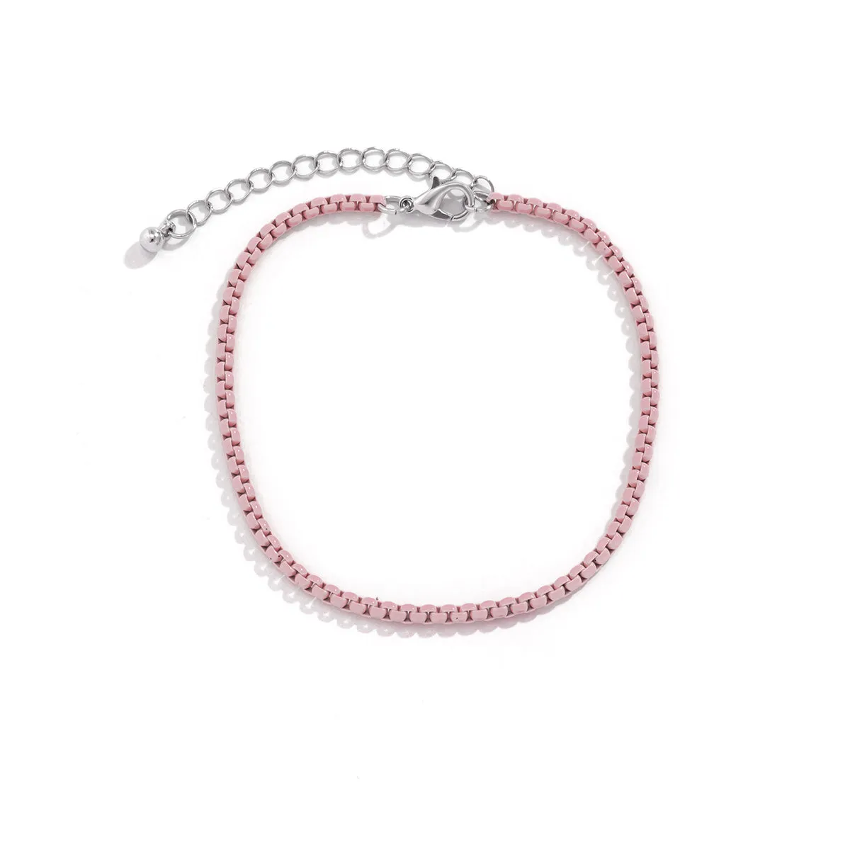 Pink Enamel & Silver-Plated Box-Chain Anklet