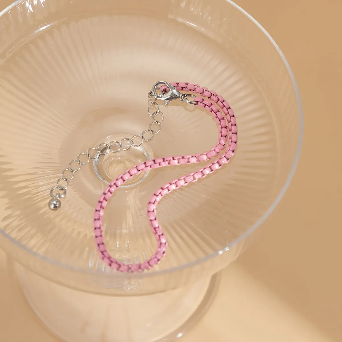 Pink Enamel & Silver-Plated Box-Chain Anklet