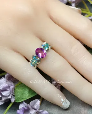 Pink Sapphire and Swarovski Crystal Handmade Ring Sterling Silver US Size 4.5