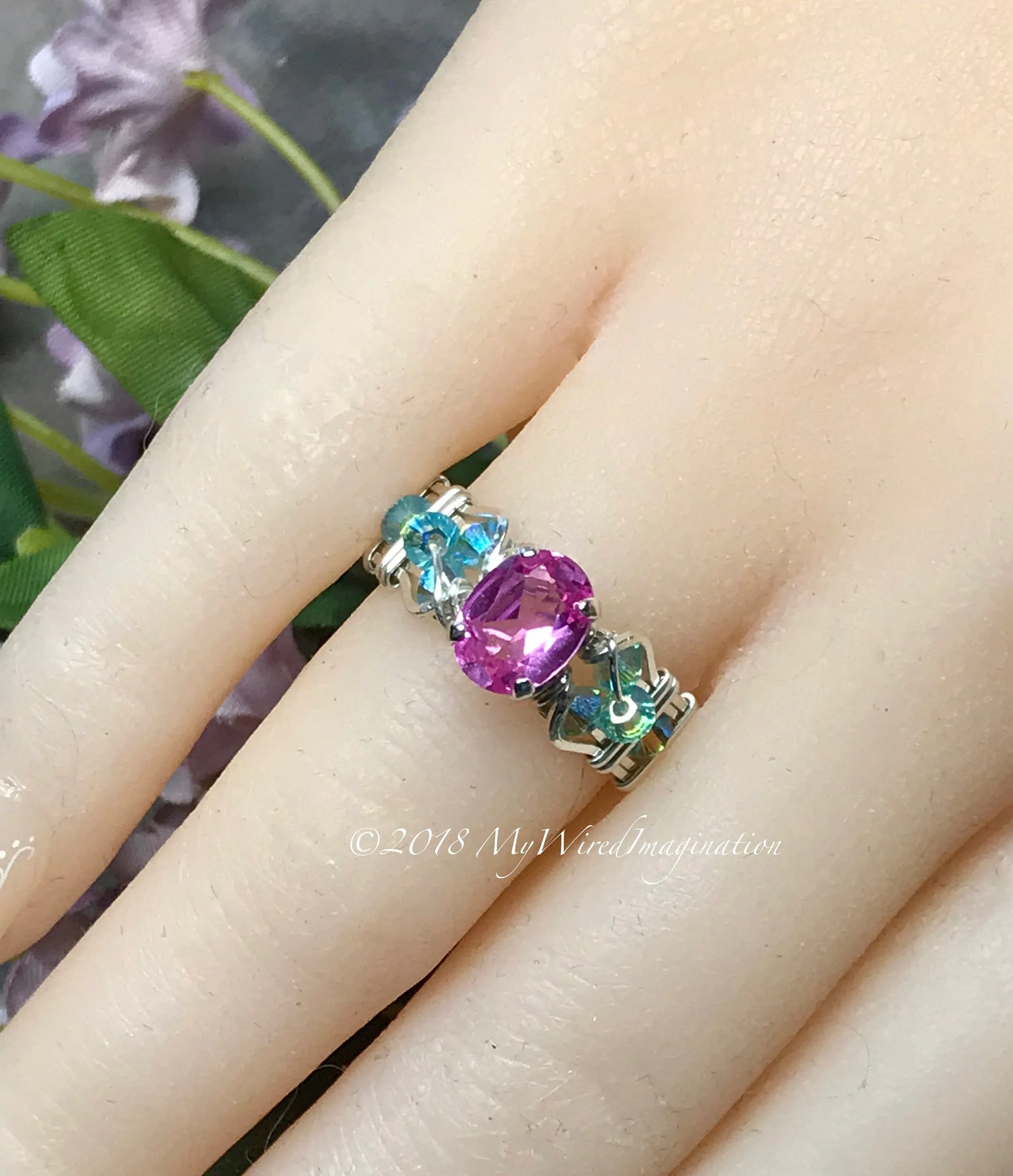 Pink Sapphire and Swarovski Crystal Handmade Ring Sterling Silver US Size 4.5