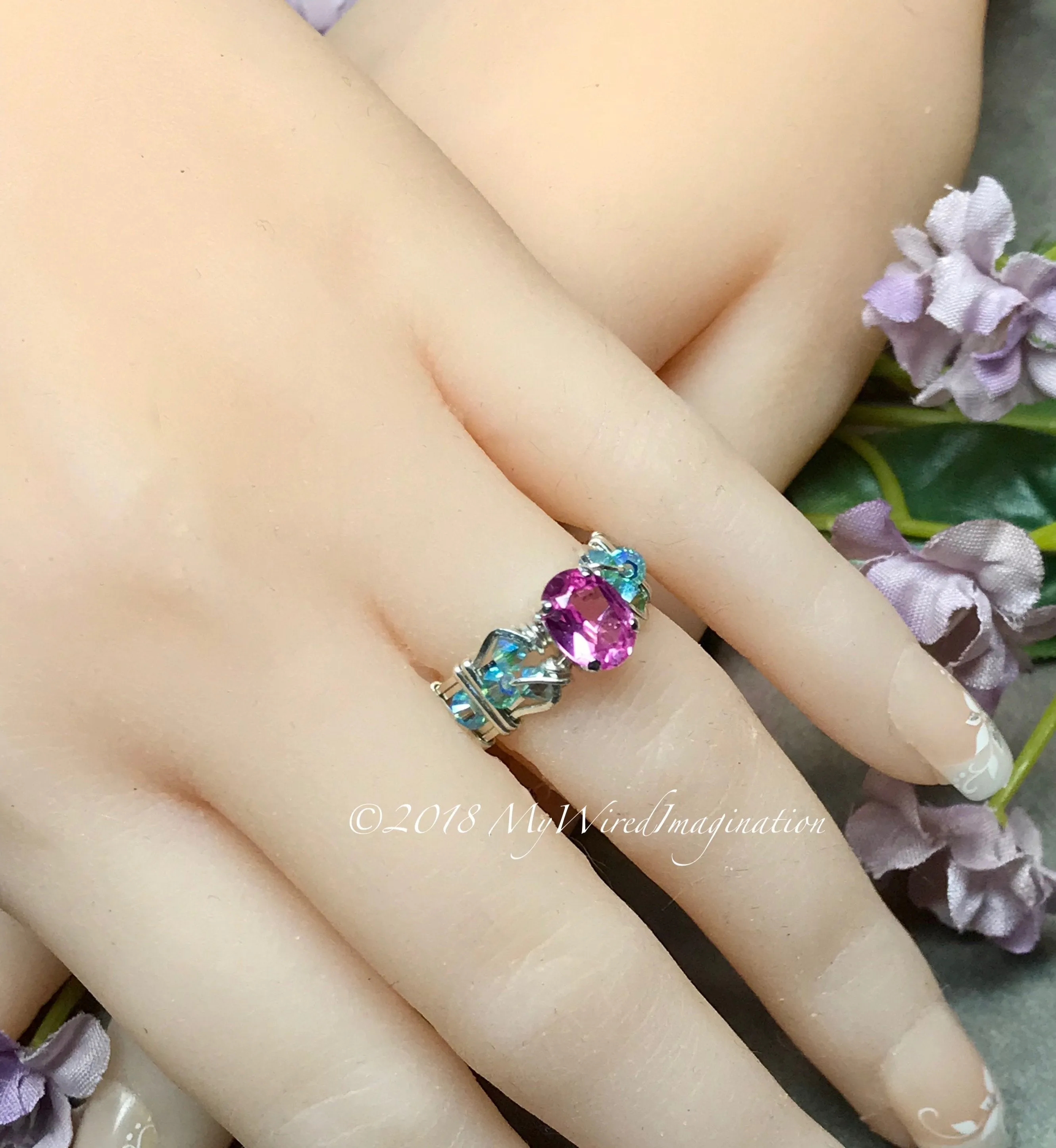 Pink Sapphire and Swarovski Crystal Handmade Ring Sterling Silver US Size 4.5