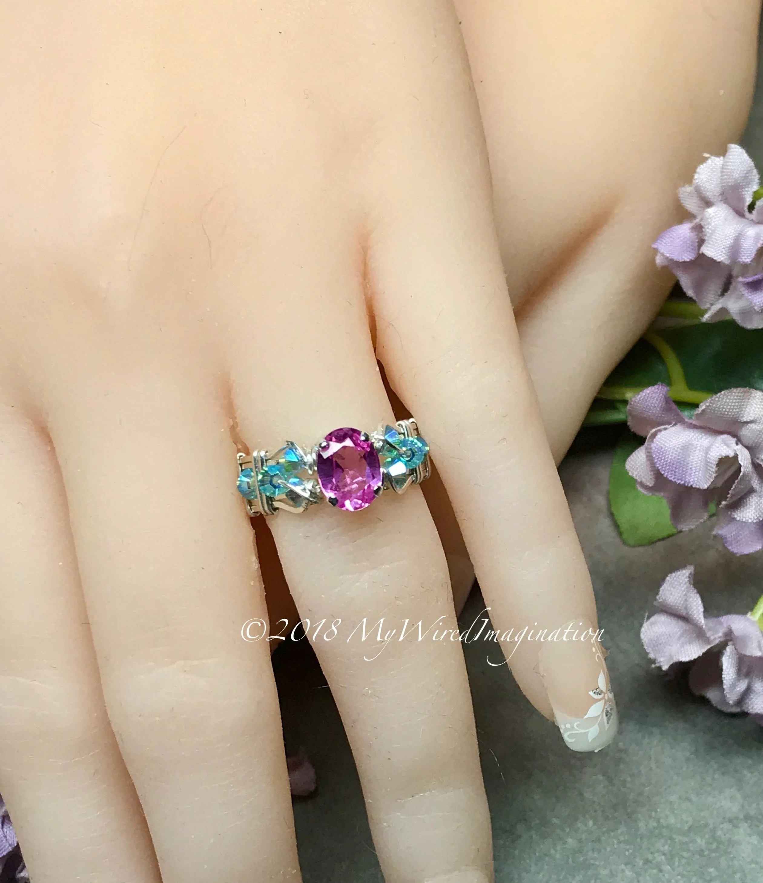 Pink Sapphire and Swarovski Crystal Handmade Ring Sterling Silver US Size 4.5