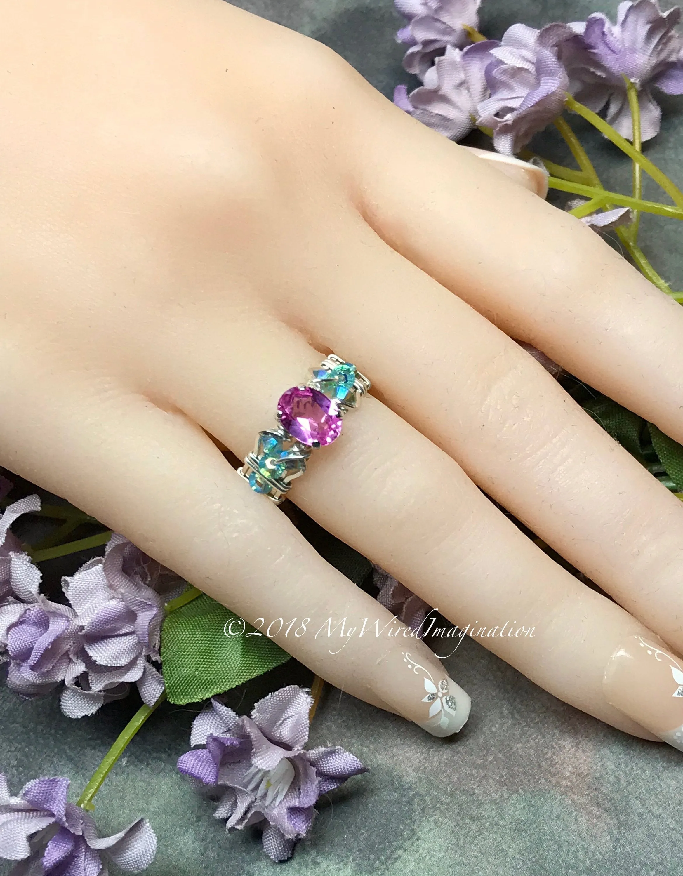 Pink Sapphire and Swarovski Crystal Handmade Ring Sterling Silver US Size 4.5