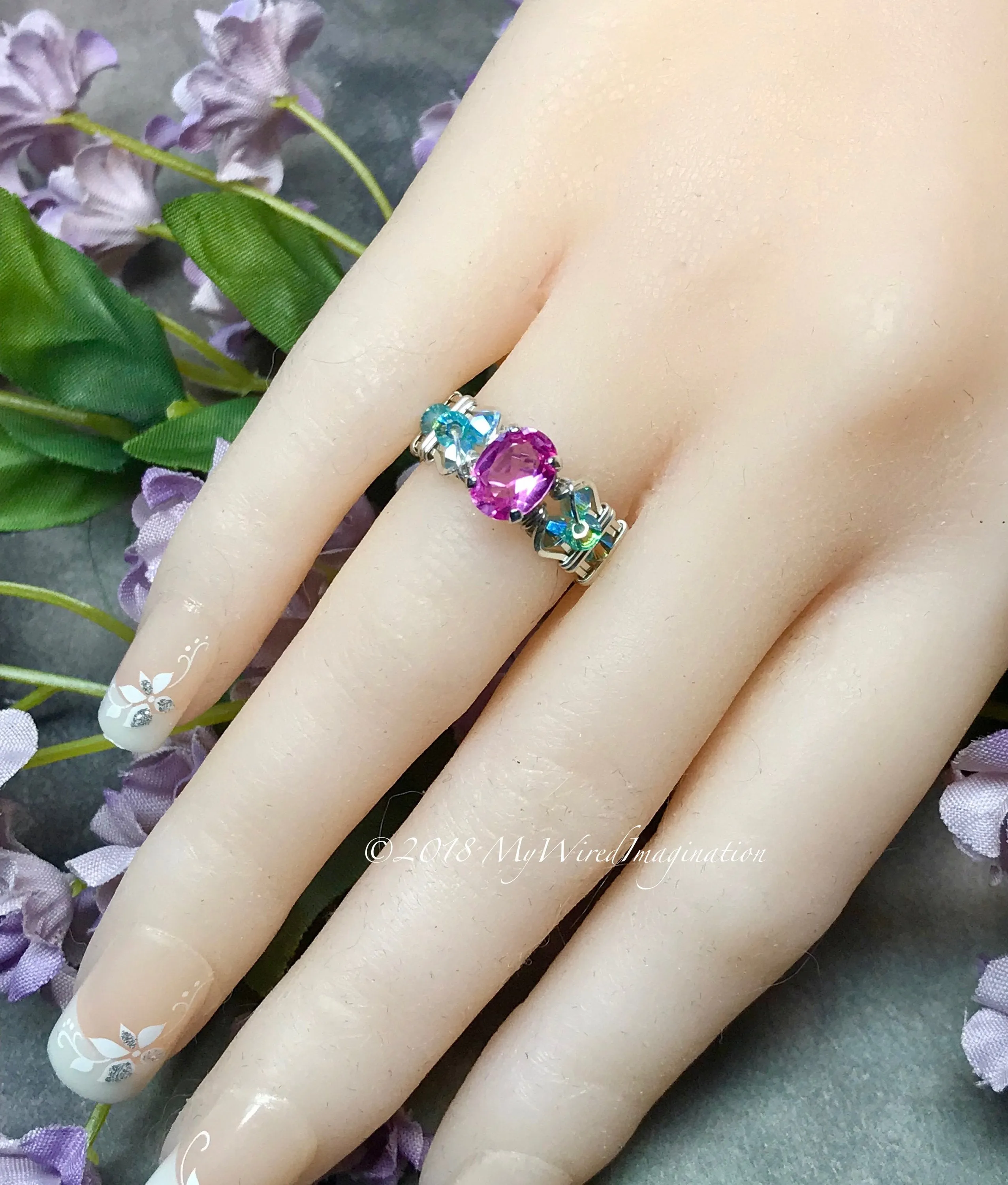 Pink Sapphire and Swarovski Crystal Handmade Ring Sterling Silver US Size 4.5