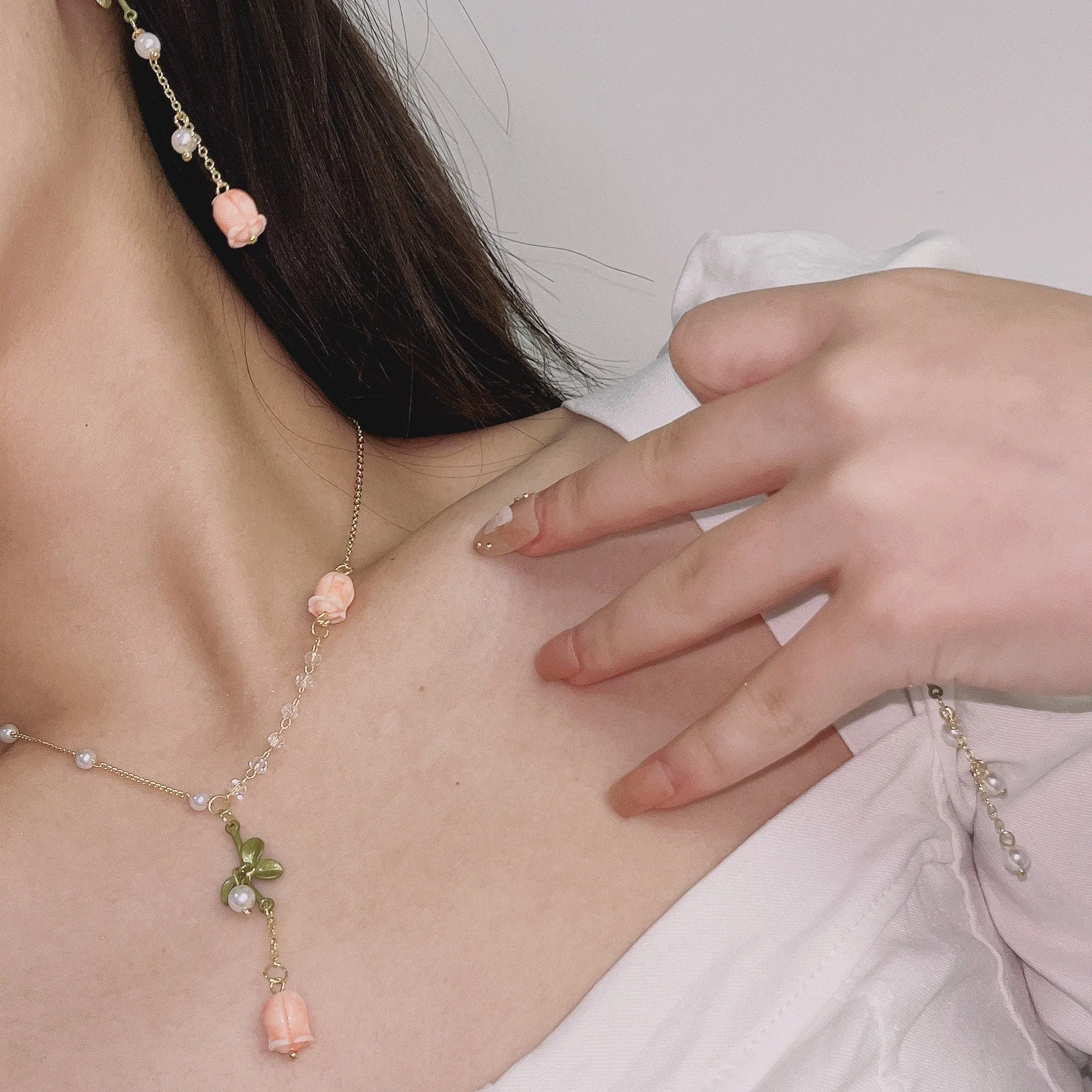 Pink Tulip Floral Earrings And Necklace Jewelry Set