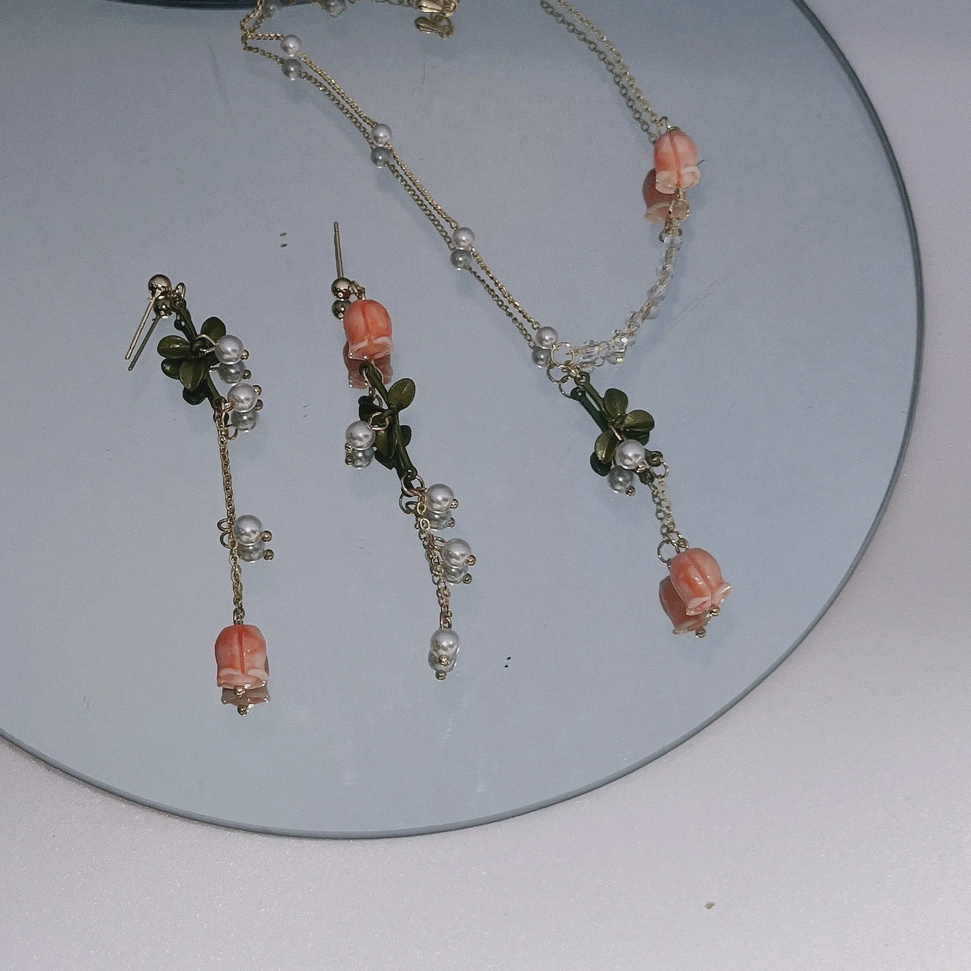 Pink Tulip Floral Earrings And Necklace Jewelry Set