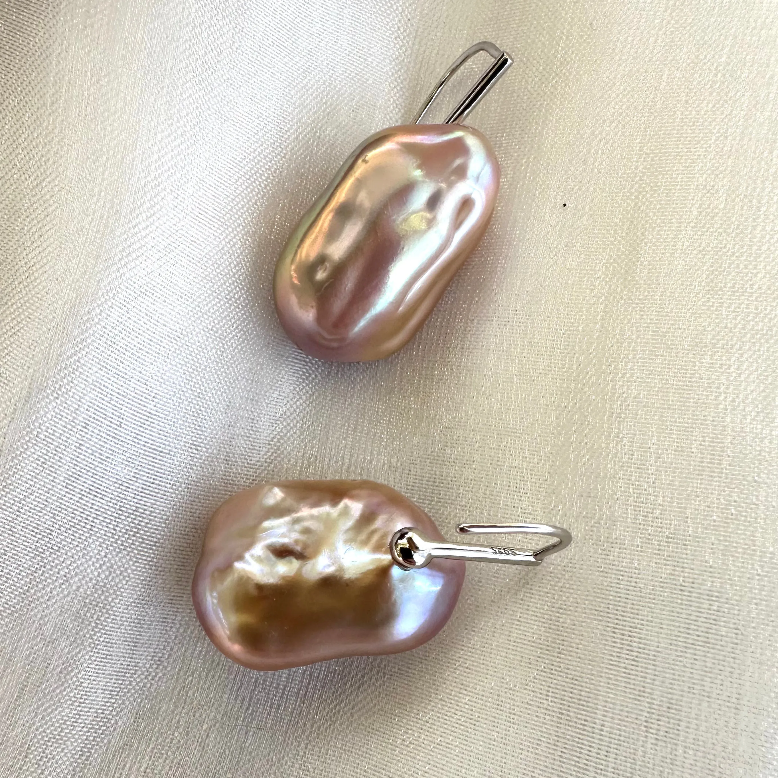 Pinkish Purple Rectangle Oversized Pearl Drop Earrings, Silver
