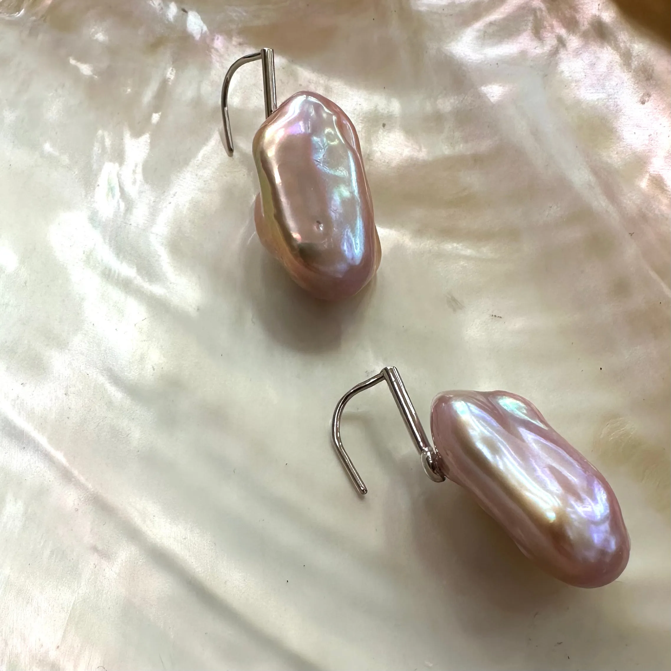 Pinkish Purple Rectangle Oversized Pearl Drop Earrings, Silver