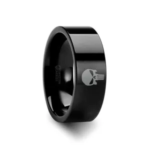 Punisher Symbol Super Hero Black Tungsten Engraved Ring Jewelry - 10mm -12mm