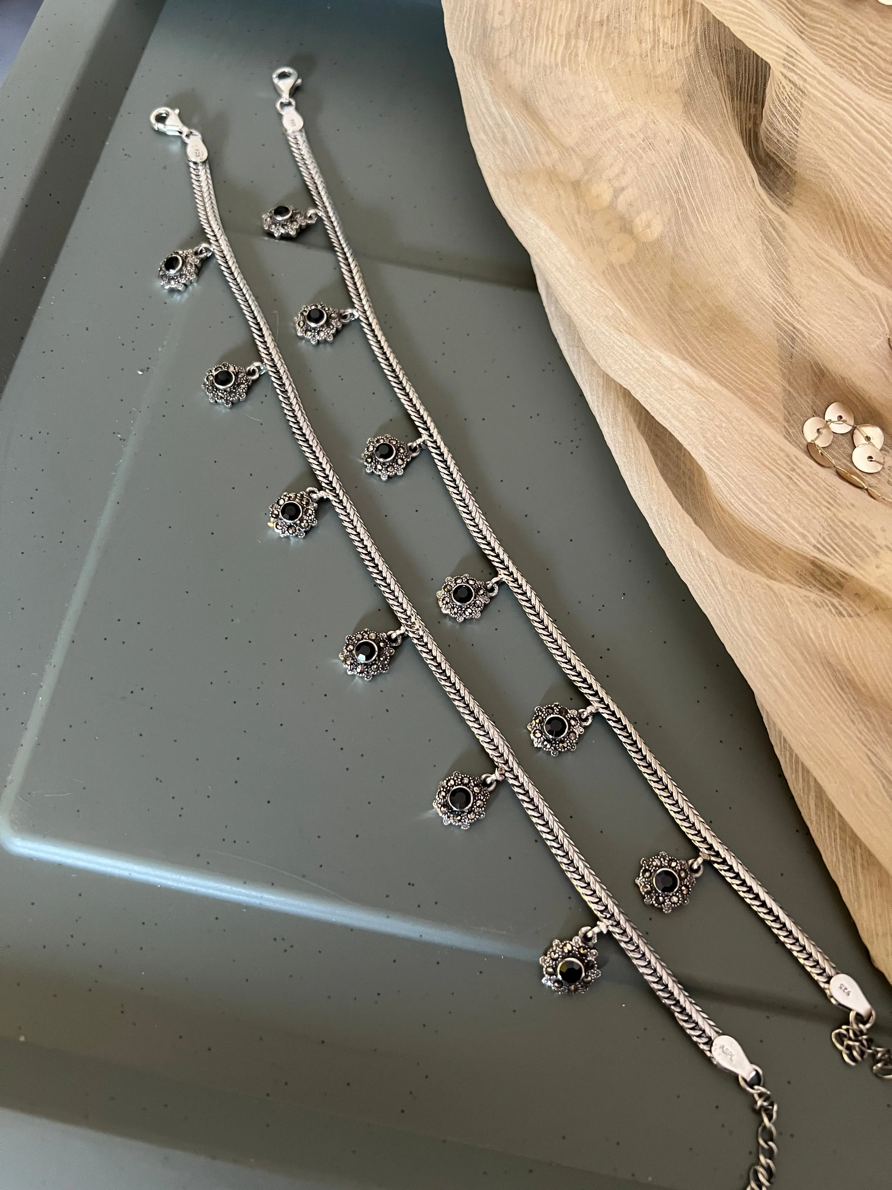 Pure 925 Silver Anklets- Set of 2