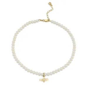 Pure Gold Tiny Bee Anklet on Fresh Water Pearls