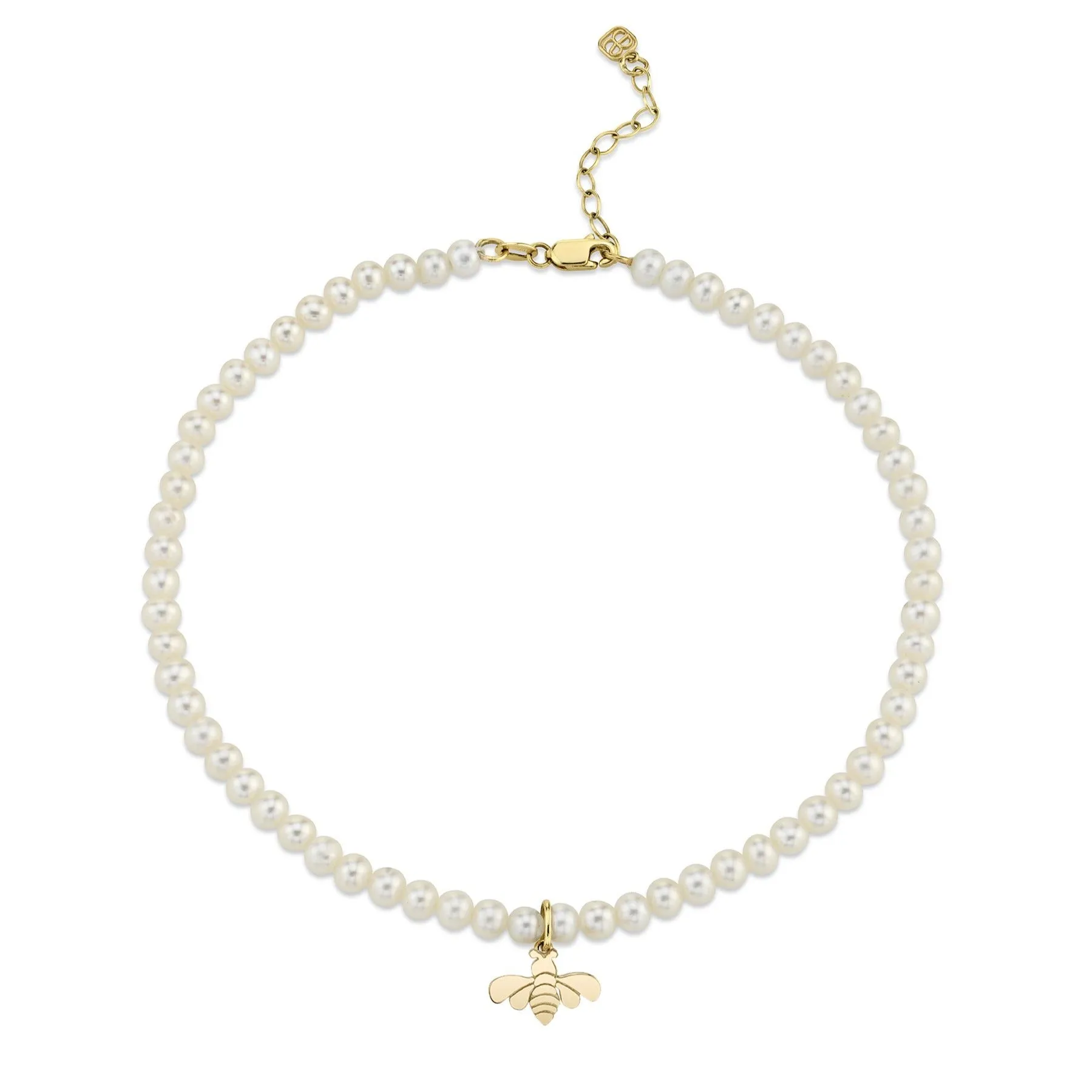 Pure Gold Tiny Bee Anklet on Fresh Water Pearls