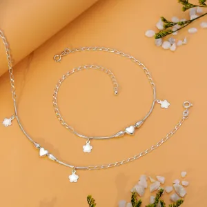 Pure Sterling Silver Shiny Floral Heart Anklet