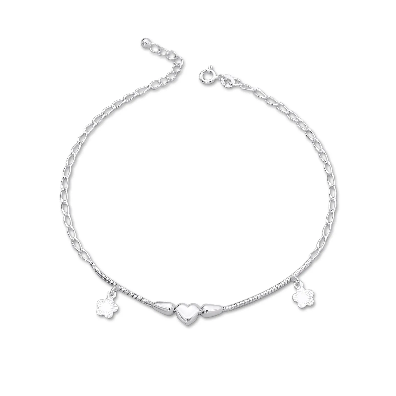 Pure Sterling Silver Shiny Floral Heart Anklet