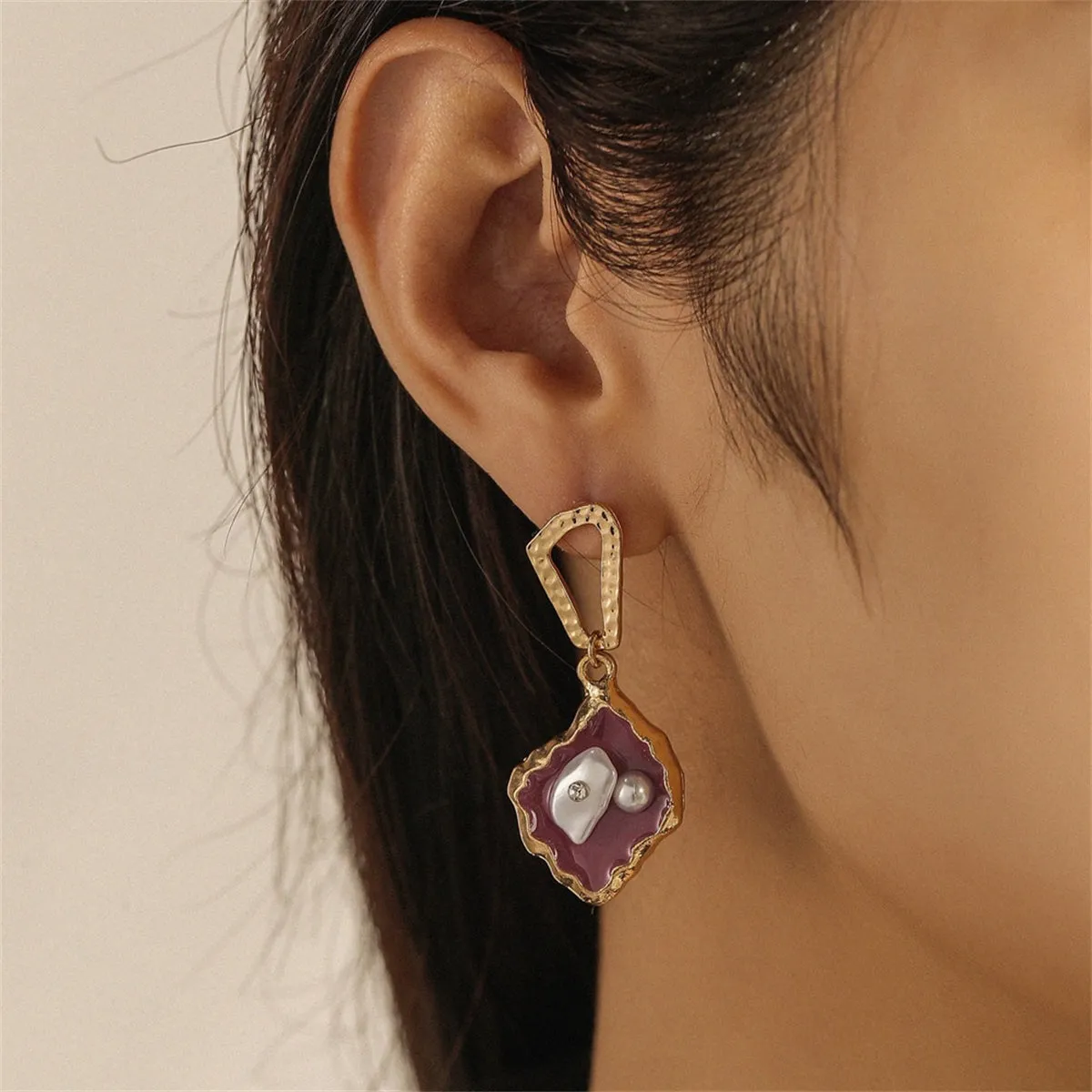 Purple Enamel & Pearl Cubic Zirconia-Accent Drop Earrings