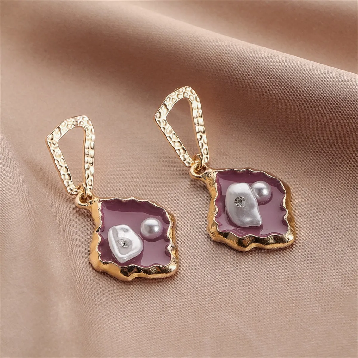 Purple Enamel & Pearl Cubic Zirconia-Accent Drop Earrings