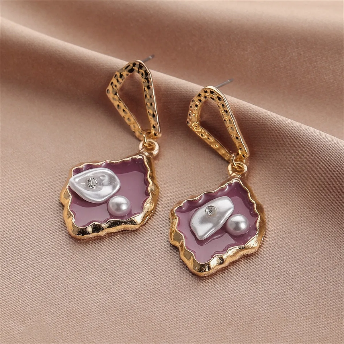 Purple Enamel & Pearl Cubic Zirconia-Accent Drop Earrings