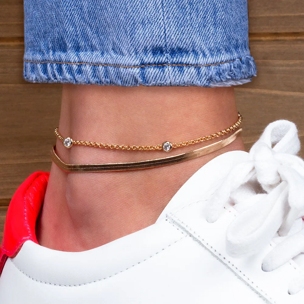 "Passion Duo" Set of Two Herringbone and Station Chain Anklets