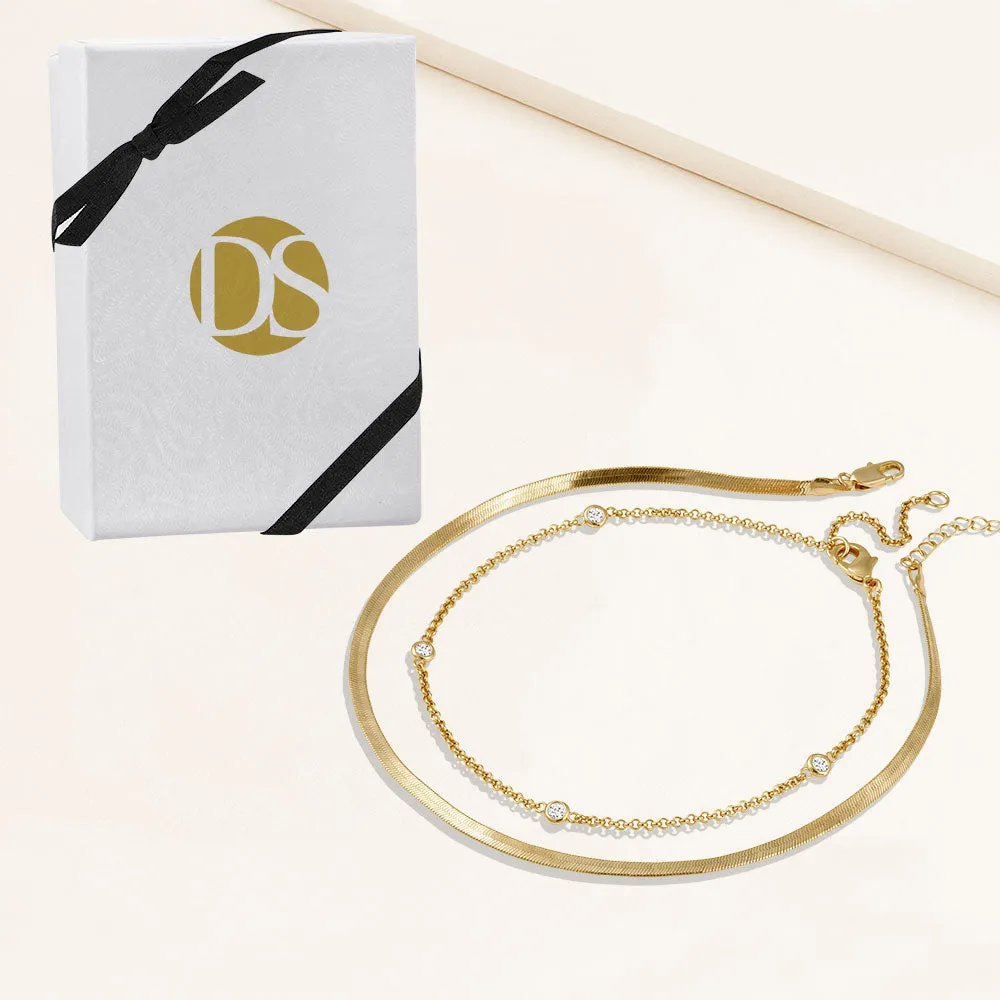 "Passion Duo" Set of Two Herringbone and Station Chain Anklets