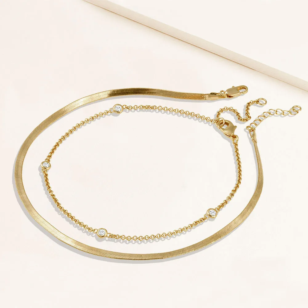 "Passion Duo" Set of Two Herringbone and Station Chain Anklets