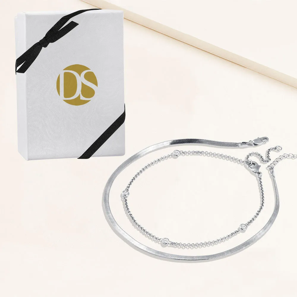 "Passion Duo" Set of Two Herringbone and Station Chain Anklets