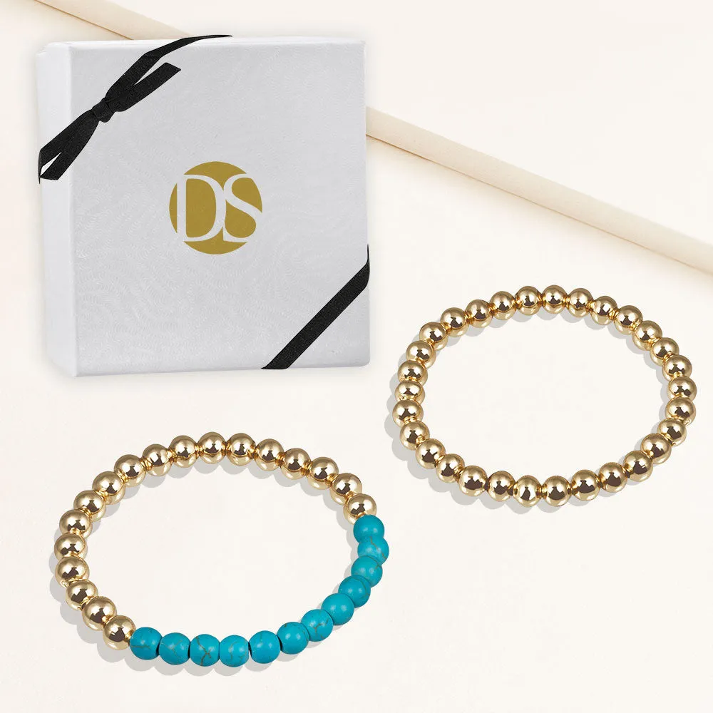 "Serena"  Set of Two Turquoise & Highly Polished Beads Stretch Bracelets