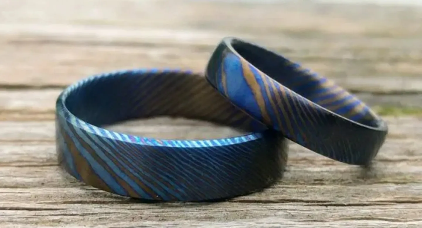 "Titanium is Forever" Pure Titanium Damascus Wedding Ring set