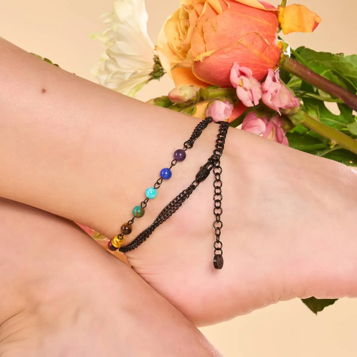 Rainbow Chakra | 7 Gemstone Chain Anklet | Gunmetal