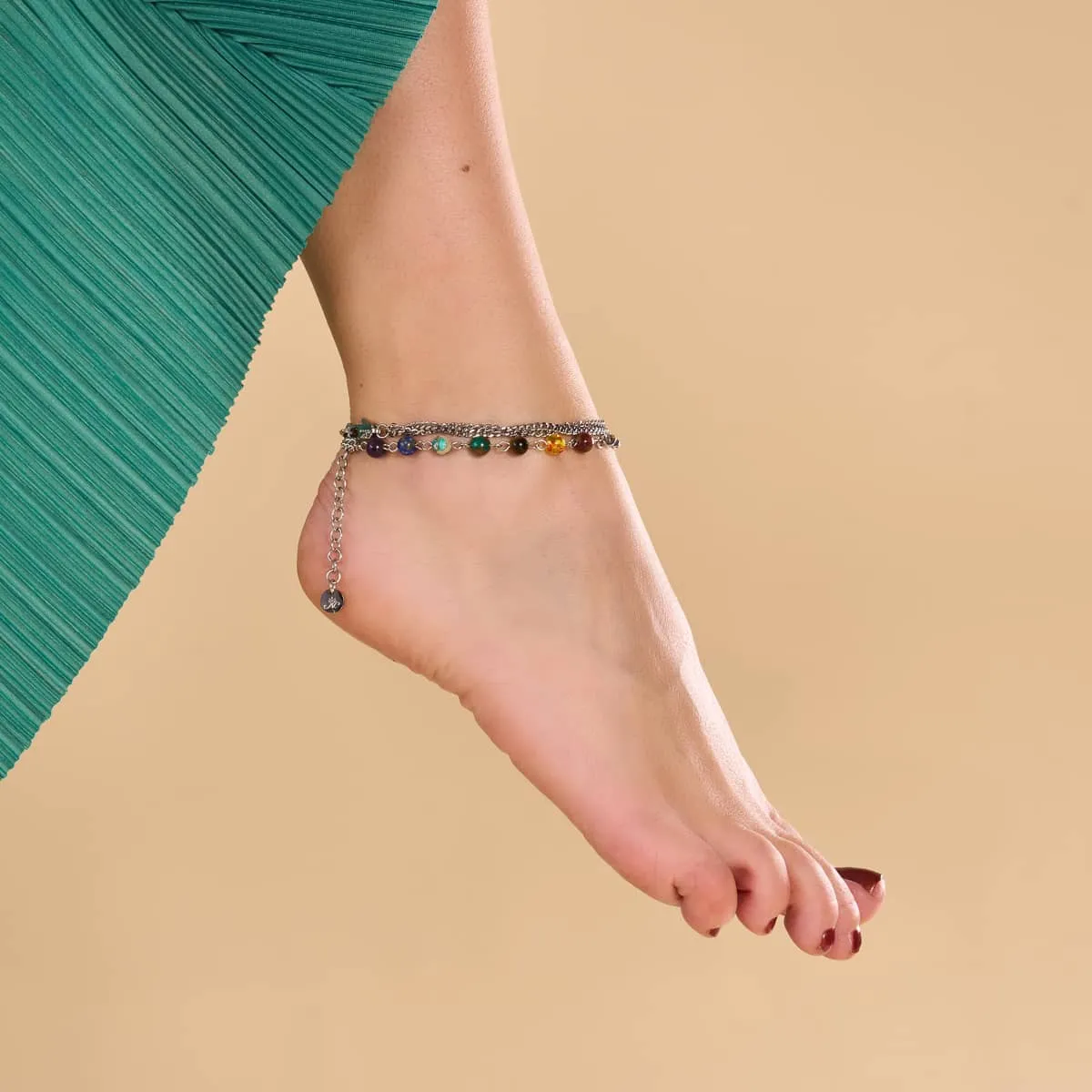 Rainbow Chakra | 7 Gemstone Chain Anklet | Silver