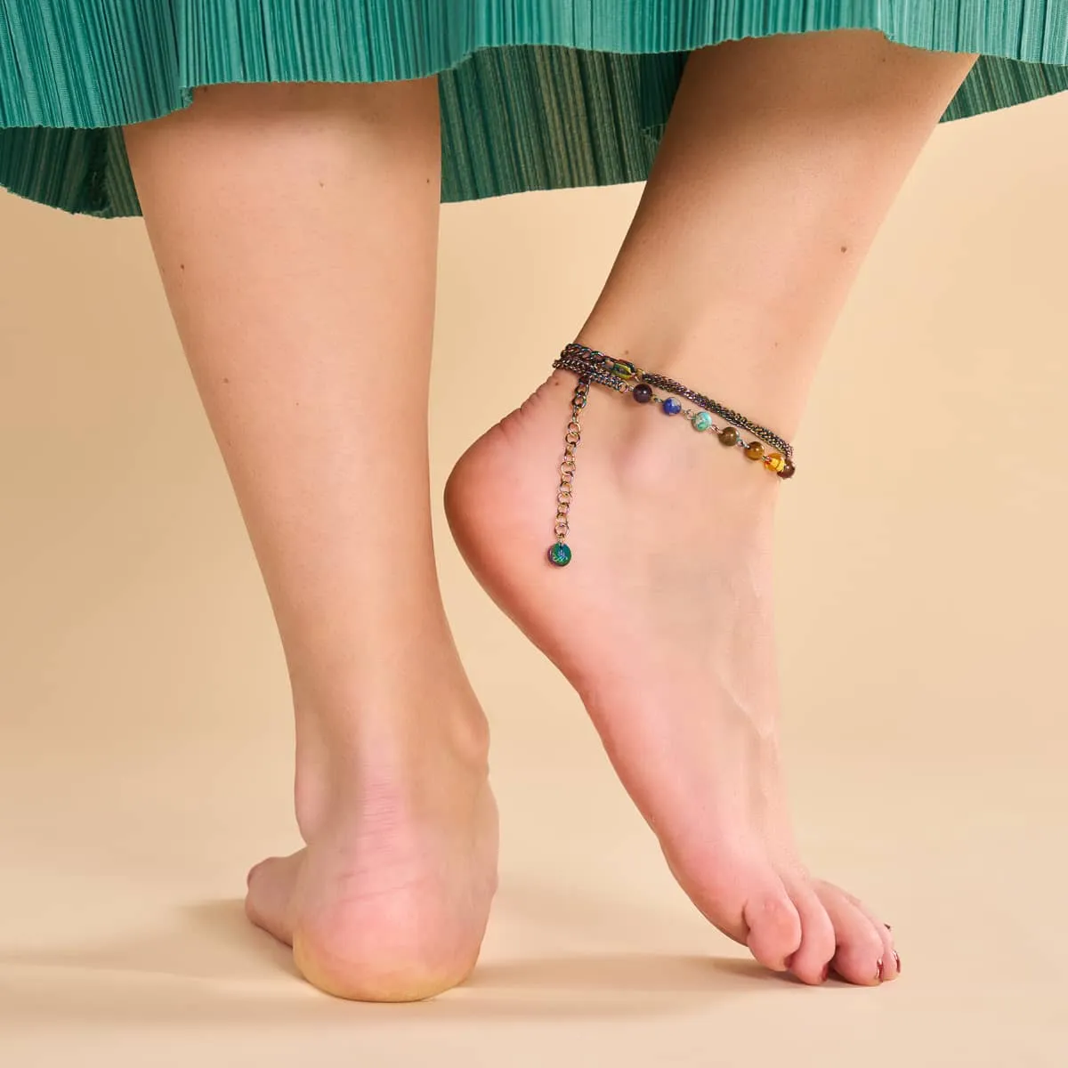 Rainbow Chakra | 7 Gemstone Chain Anklet | Unicorn Silver