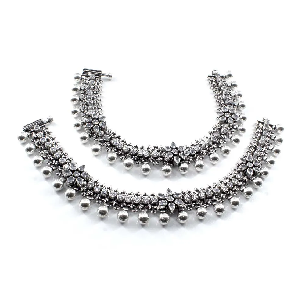 Real Silver CZ Oxidized Indian  Women Bridal Style Anklets Ankle Pair 10"