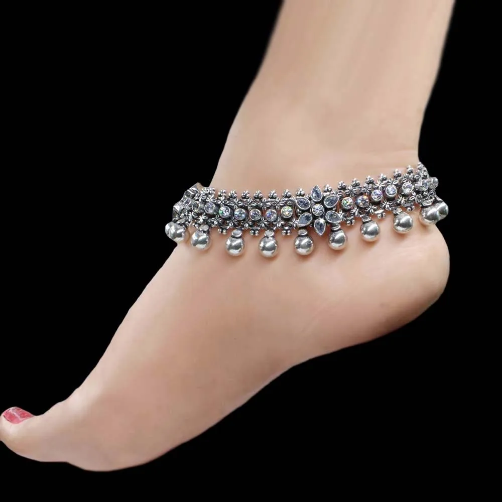 Real Silver CZ Oxidized Indian  Women Bridal Style Anklets Ankle Pair 10"
