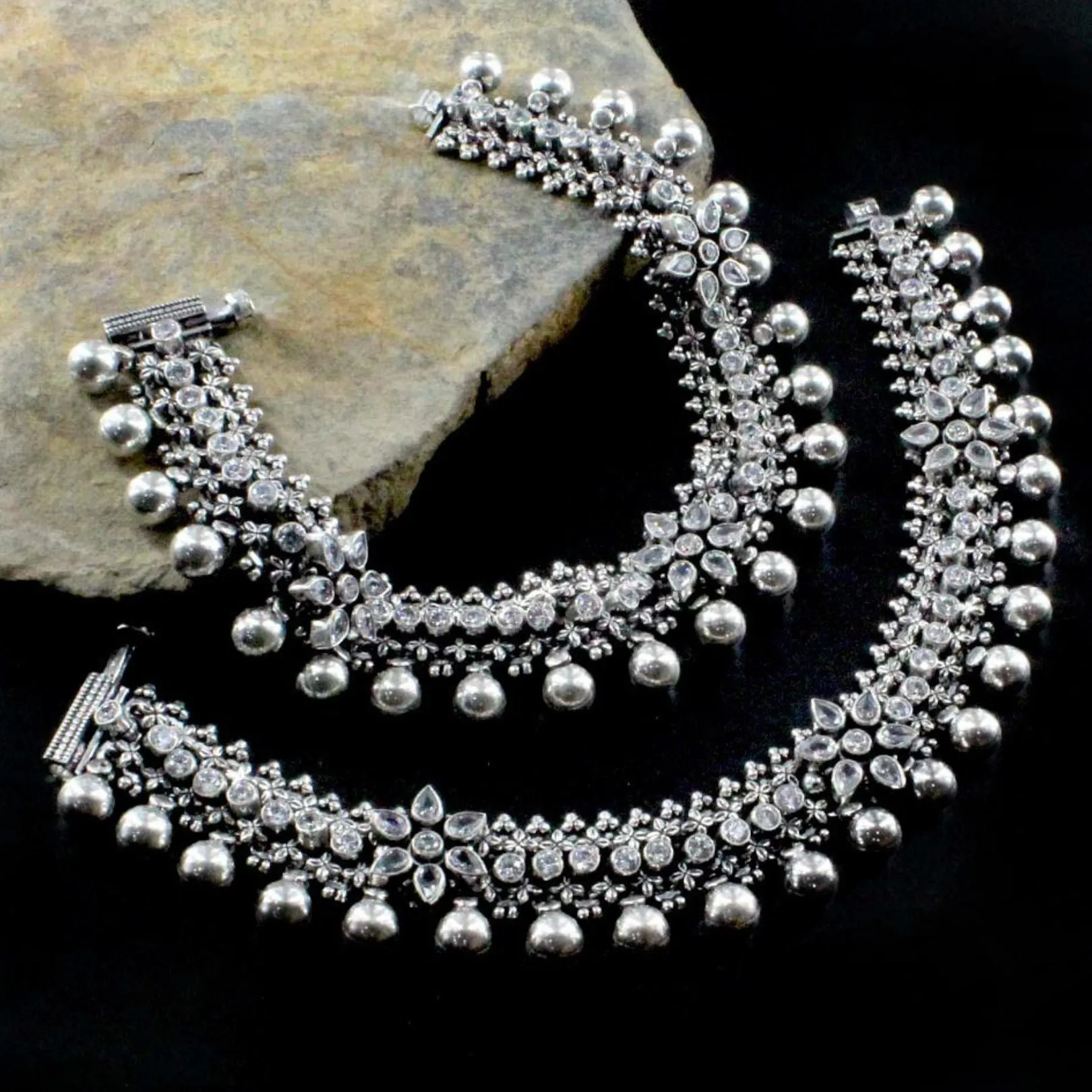 Real Silver CZ Oxidized Indian  Women Bridal Style Anklets Ankle Pair 10"