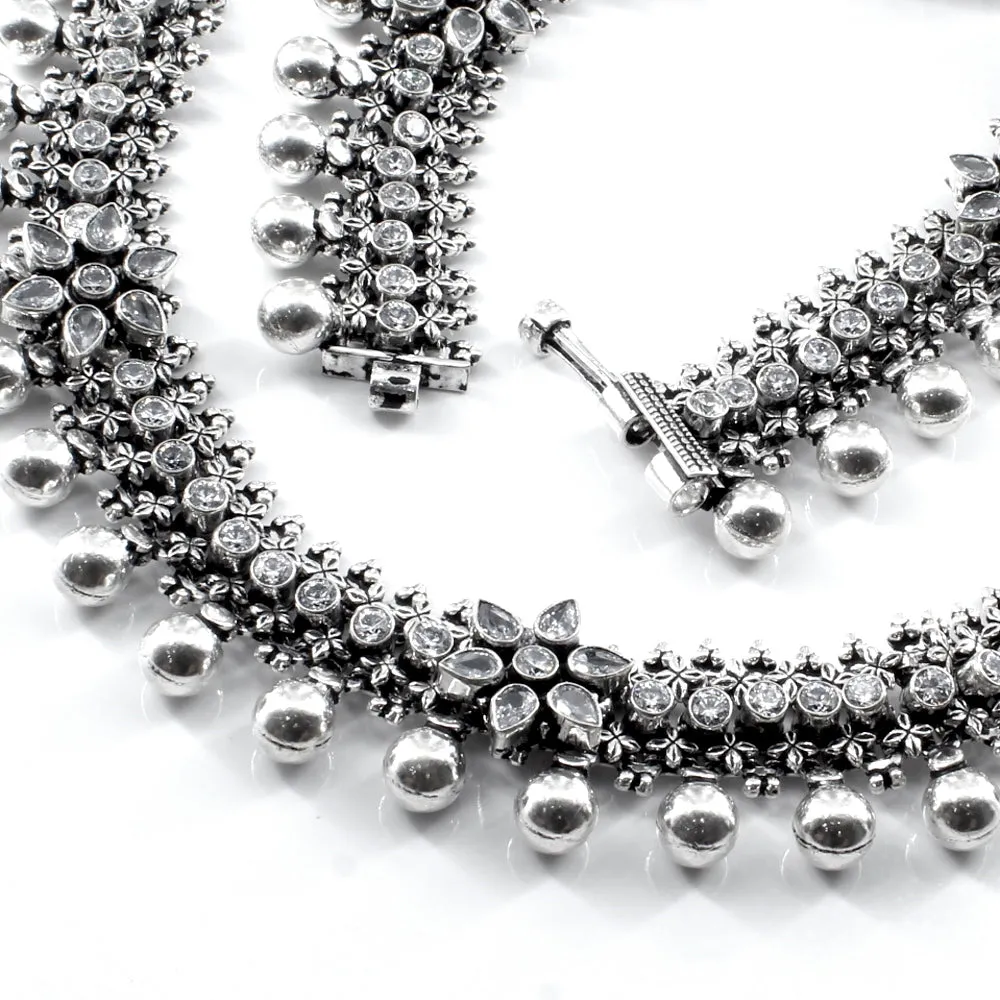 Real Silver CZ Oxidized Indian  Women Bridal Style Anklets Ankle Pair 10"