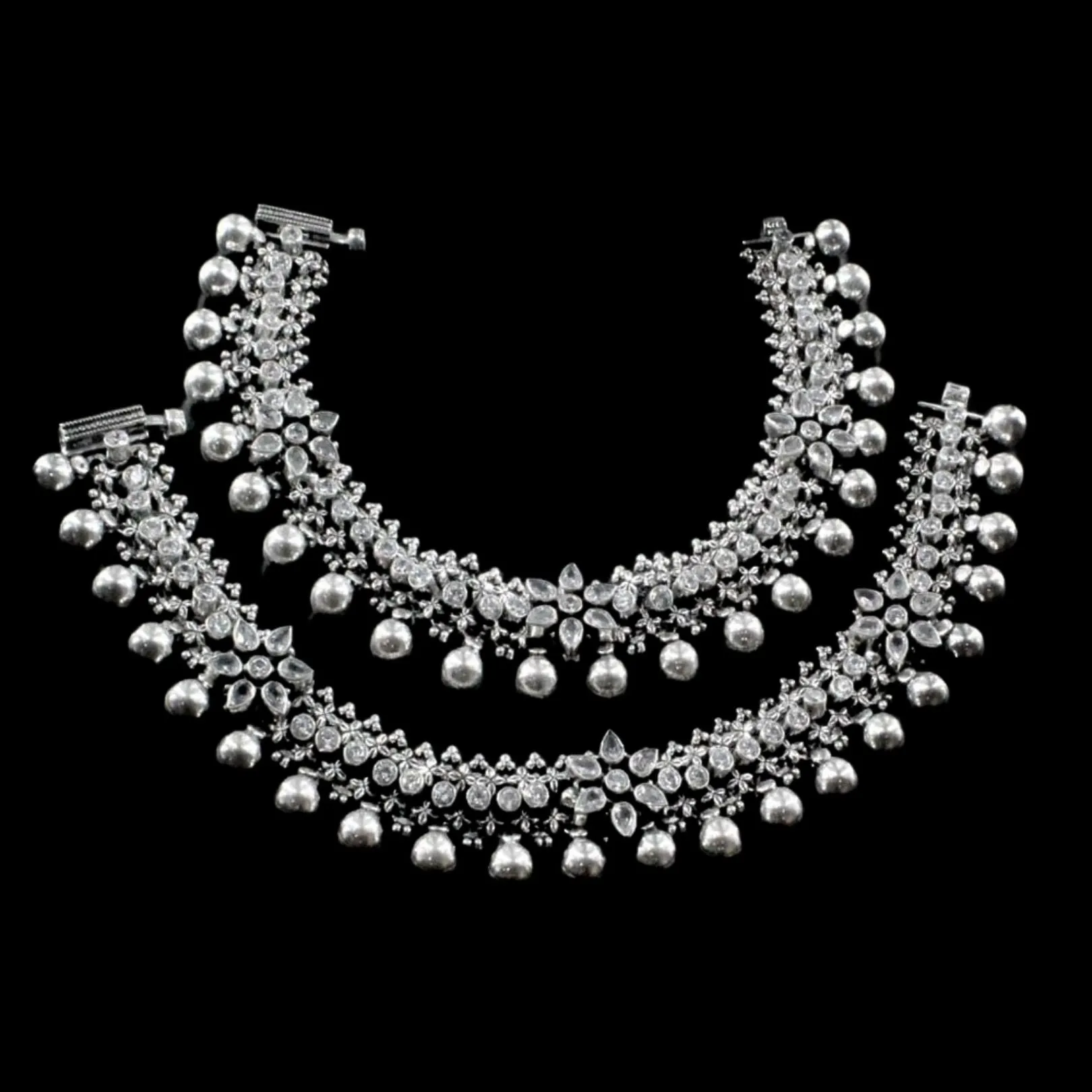 Real Silver CZ Oxidized Indian  Women Bridal Style Anklets Ankle Pair 10"