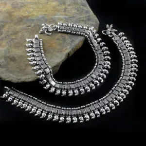 Real Silver Indian Bridal Style Oxidized Women Anklets Ankle Pair 10.5"