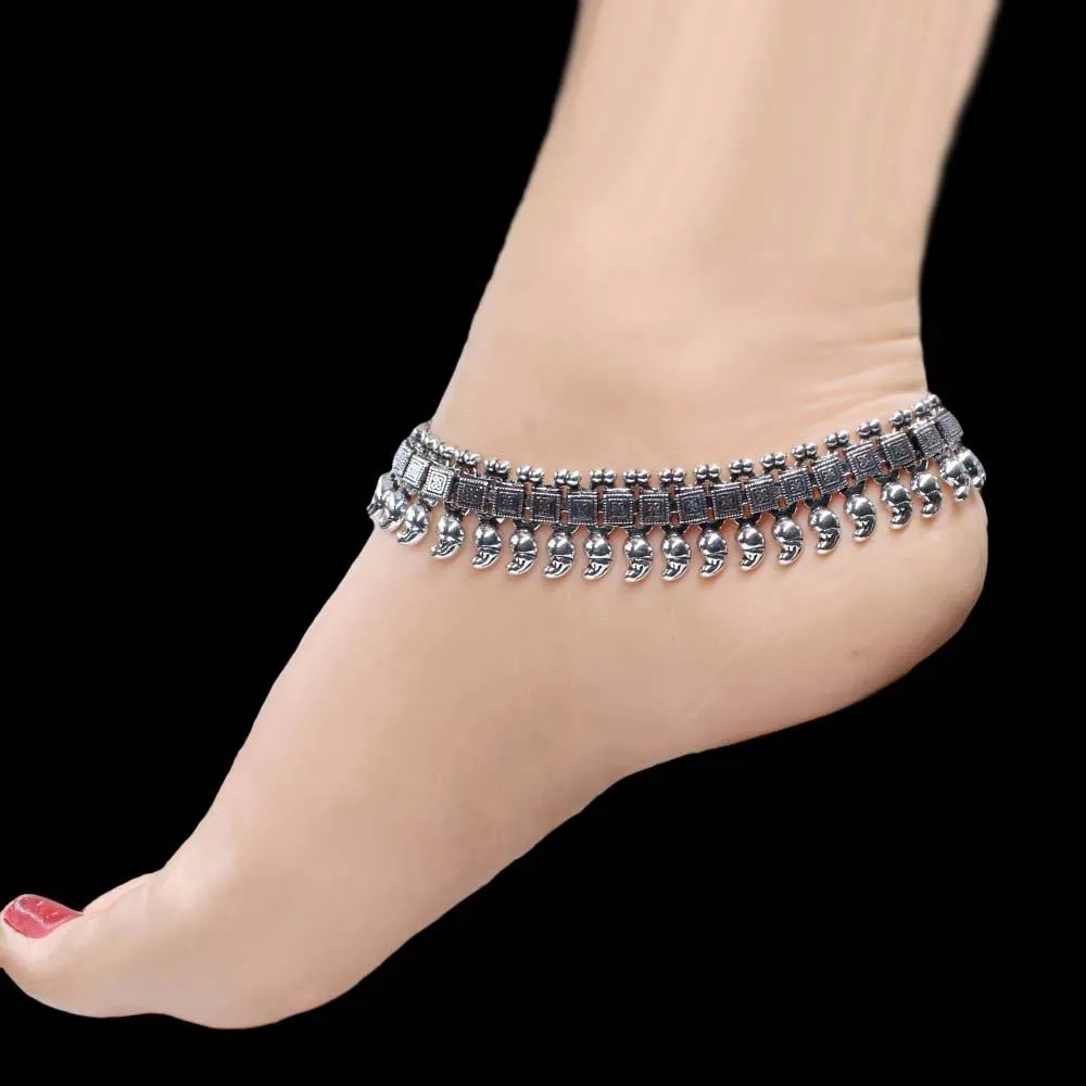 Real Silver Indian Bridal Style Oxidized Women Anklets Ankle Pair 10.5"