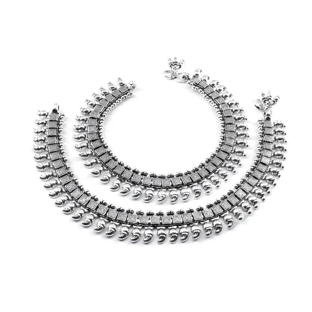 Real Silver Indian Bridal Style Oxidized Women Anklets Ankle Pair 10.5"