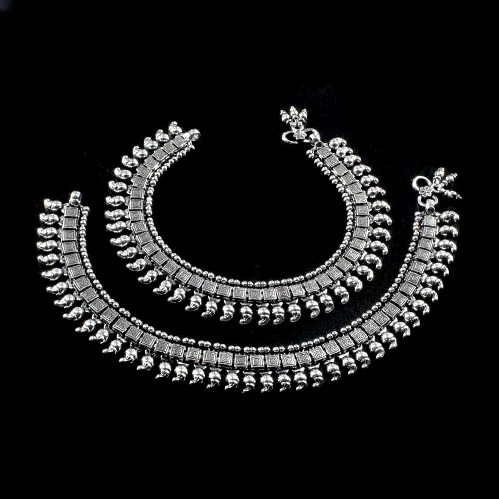 Real Silver Indian Bridal Style Oxidized Women Anklets Ankle Pair 10.5"