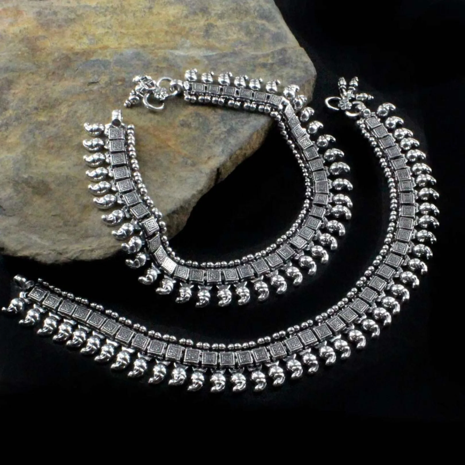 Real Silver Indian Bridal Style Oxidized Women Anklets Ankle Pair 10.5"