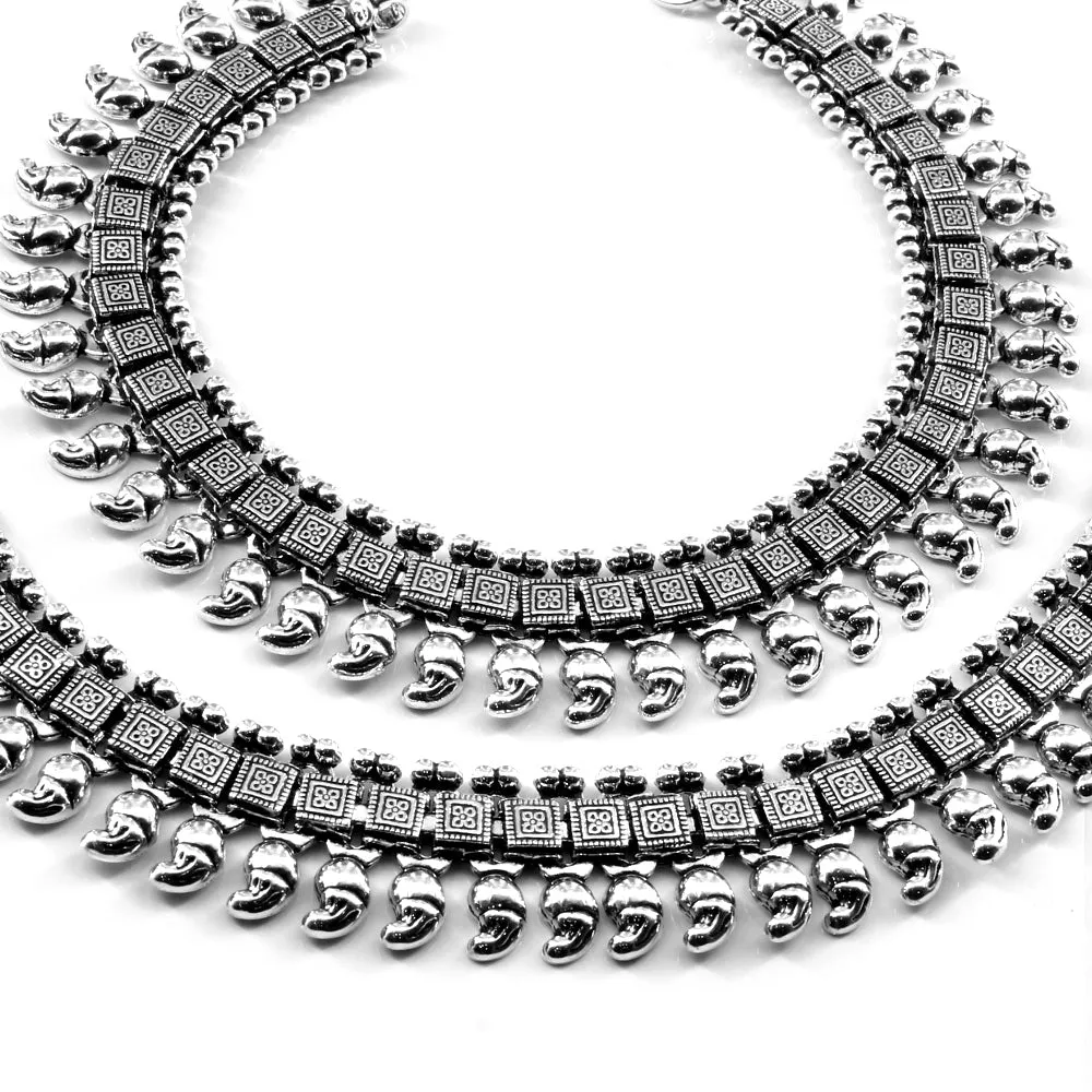 Real Silver Indian Bridal Style Oxidized Women Anklets Ankle Pair 10.5"