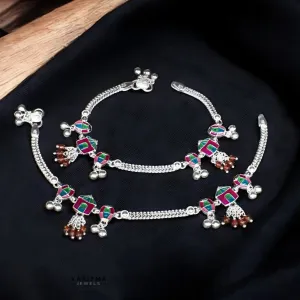 Real Silver Indian wedding style women Anklets Bracelet Pair 10.3"