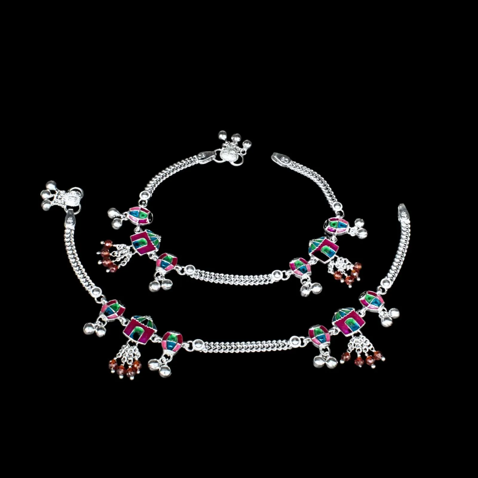 Real Silver Indian wedding style women Anklets Bracelet Pair 10.3"