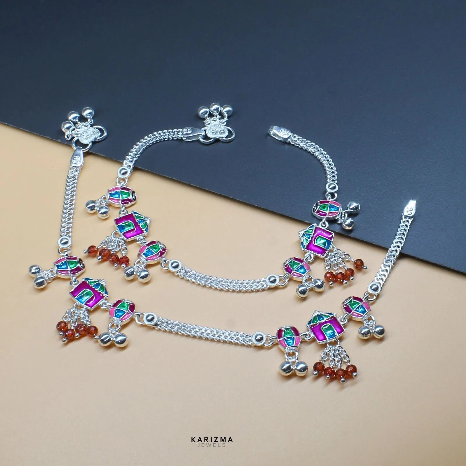Real Silver Indian wedding style women Anklets Bracelet Pair 10.3"